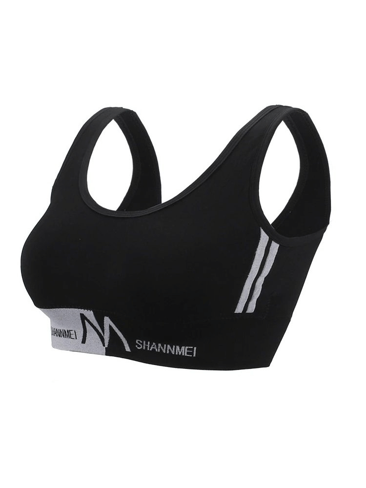Black seamless sports bra with lining, ideal for running, yoga, and gym workouts. Features a breathable, quick-dry, anti-sweat design for women.